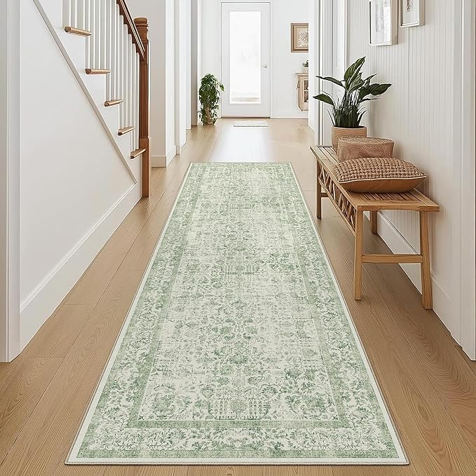 Runner Rug 2x7 Sage Green Hallway Washable Vintage Distressed Kitchen Carpet Non Slip Neutral Low Pile Retro Floral Farmhouse Long Throw Rug Entryway Bathroom Office Laundry Dining Room