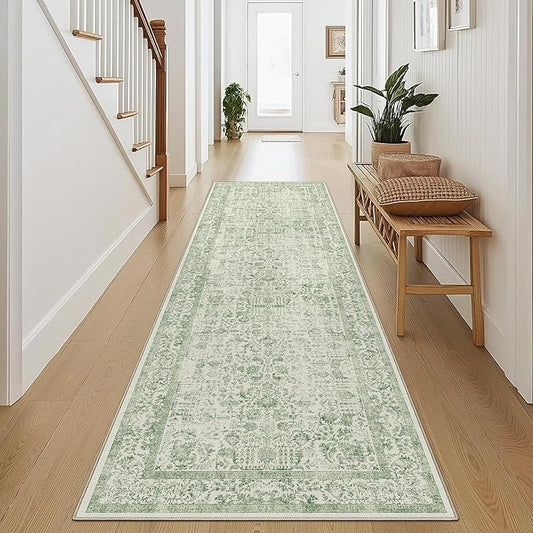 Runner Rug 2x7 Sage Green Hallway Washable Vintage Distressed Kitchen Carpet Non Slip Neutral Low Pile Retro Floral Farmhouse Long Throw Rug Entryway Bathroom Office Laundry Dining Room