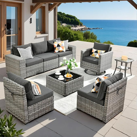 ovios 8 Pieces Patio Furniture Set, Outdoor Wicker Sectional Sofa with Swivel Chair Coffee Table, Modern Modular Deep Seat Rattan Couch Conversation Sets, Black