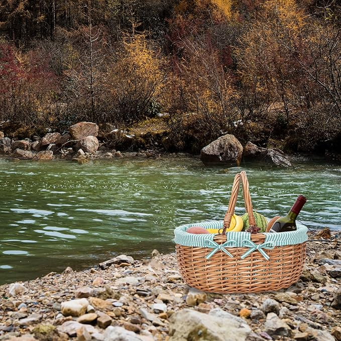 G GOOD GAIN Oval Picnic Basket with Folding Handles, Willow Hand Woven Shopping Basket, Bath Toy Kids Toy Storage Gift Packing Basket, Wicker Empty Easter Eggs and Candy Small Gift Basket.Green