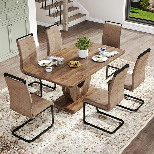 Wooden Dining Table Set for 6, 63" Modern Rectangular Wood Grain Table with Faux Leather Cantilever Dining Chairs, Upholstered High Back Kitchen & Dining Room Furniture