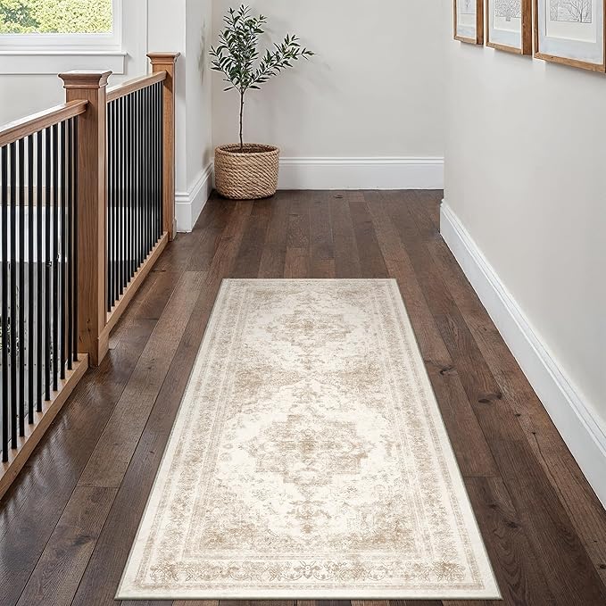 Runner Rug 3x7 Cream Hallway Washable Beige Carpet Non Slip Vintage Medallion Beige Carpet Low Pile Soft Distressed Retro Indoor Long Rug for Entryway Kitchen Bathroom Laundry Bedroom