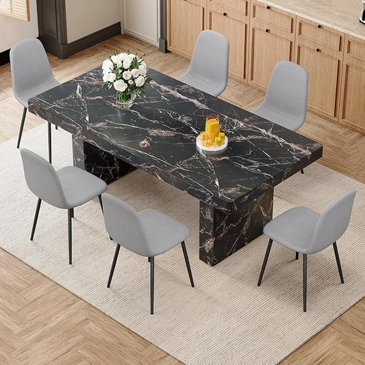 Marble Dining Table Set 79" ｜Modern Dining Table Set with 6 Linen Chairs｜Engineered Wood with Marble Pattern Tabletop｜Widened and Stable Tablelegs｜Easy Assembly
