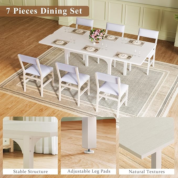 7-Piece Dining Table Set for 4-6, Extendable Kitchen Table Cushion Chairs Set of 6 with 6 Chairs, Rectangle Dining Table with Metal Frame & MDF Board, Folding for Small Apartment Saving Space, White