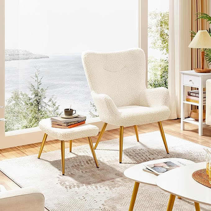 Yaheetech Boucle Accent Chair and Ottoman Set, Sherpa Armchair with Golden Metal Legs, High Back Reading Chair and Footstool for Living Room, Bedroom, Lounge, Ivory