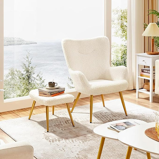 Yaheetech Boucle Accent Chair and Ottoman Set, Sherpa Armchair with Golden Metal Legs, High Back Reading Chair and Footstool for Living Room, Bedroom, Lounge, Ivory