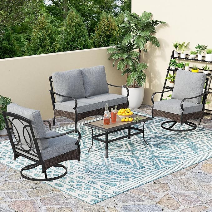 PHI VILLA Outdoor Porch Furniture Set, Upgraded Wicker&Metal Deep Seating Patio Furniture Conversation Set with Waterproof Thick Cushions for Balcony, Deck, and Yard (4 Pieces,Grey)