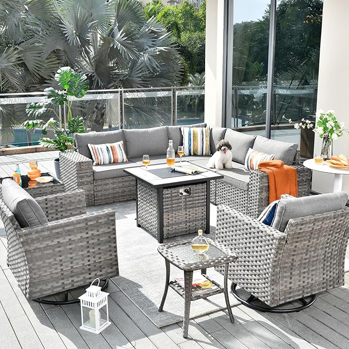 ovios 10 Pieces Patio Furniture Set, Outdoor Wicker Sectional Sofa with 30" Fire Pit Table Swivel Chairs, Modern Modular Deep Seat Rattan Couch Conversation Sets, Dark Grey