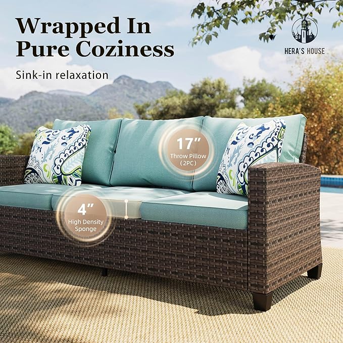 HERA'S HOUSE Patio Furniture Set with Swivel Glide Chairs, Outdoor Sectional Sofa Set, 7 Pieces Patio Conversation Sets for Lawn Backyard Deck, Brown/Blue