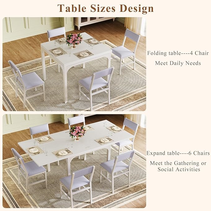 7-Piece Dining Table Set for 4-6, Extendable Kitchen Table Cushion Chairs Set of 6 with 6 Chairs, Rectangle Dining Table with Metal Frame & MDF Board, Folding for Small Apartment Saving Space, White