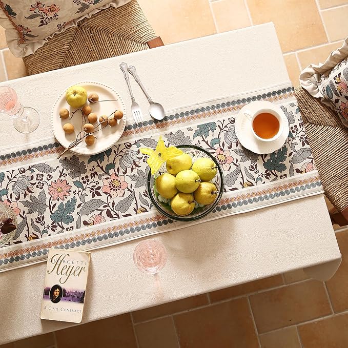 Designer Bohemian Linen Table Runner 87 Inches Long,Elegant Lotus Flowers Pattern Decor Table Runners for Dining Tables,Thanksgiving,Kitchen Tables,Christmas,12"*87"-Hazel A