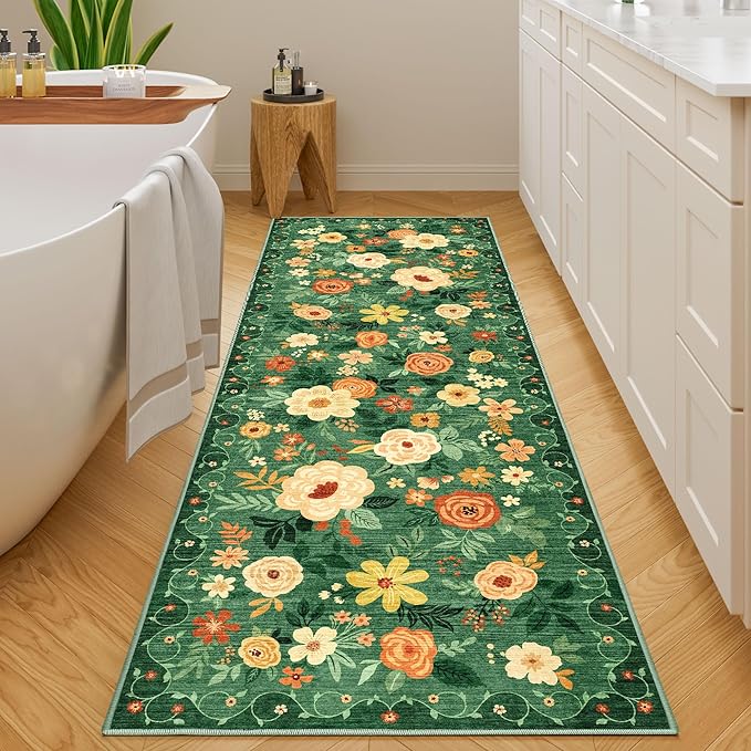 DUKINO Runner Rug, 2.6x8 Kitchen Rug for Hallway with Non Slip Backing, Washable Low Pile Soft Boho Floral Runner Carpet for Hallway, Kitchen, Entryway, Laundry, Bedroom, Dark Green