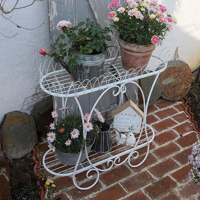 White Oval Plant Stand with Lattice Base, French Entryway Decor for Plants, Elegant Floor Flower Pot Holder Garden Decoration