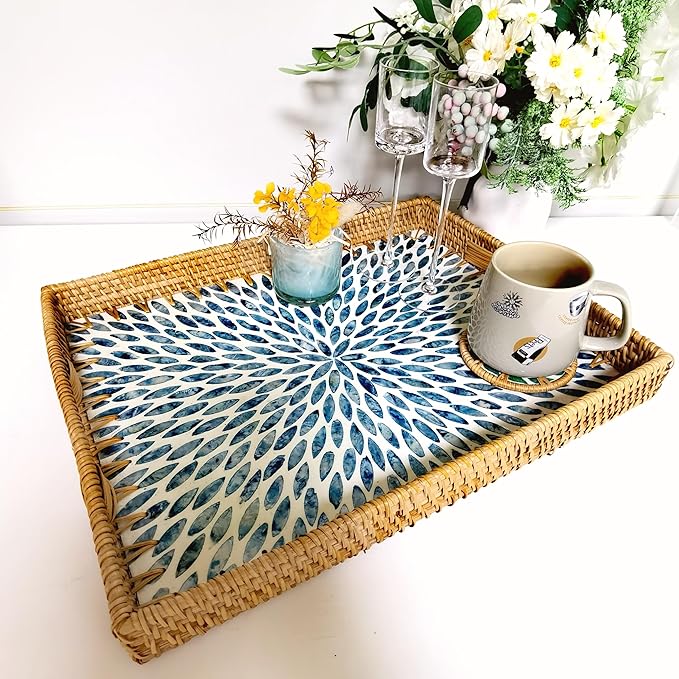 i-lan 18inch Rectangle Rattan Woven and Blue Mother of Pearl Dining Room Table Serving Tray Display Basket with Cutout Handles,Living Room Boho Wicker and MOP Coffee Table Serving Tray Décor