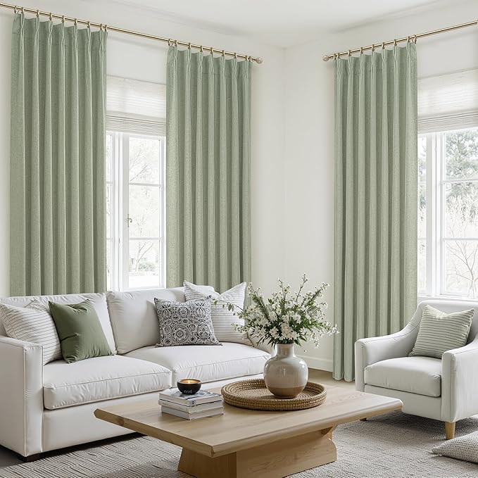 Sage Green Blackout Linen Curtains 108 Inches Long for Living Room Bedroom, Pinch Pleated Boho Light Drapes Viral Window Curtain with Pinch Pleat Clips Thermal Insulated (40"Wx108"Lx2Panels Sage)