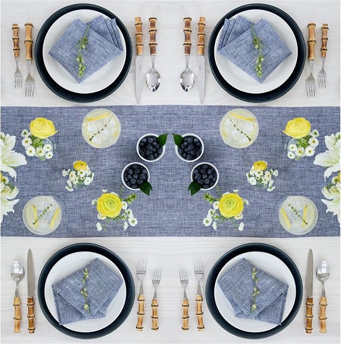 Solino Home Linen Small Table Runner 48 Inches - Athena, 100% Pure Linen Chambray Indigo Table Runner 14 x 48 Inch Ideal for Dresser and Coffee Tables - Christmas, Holiday