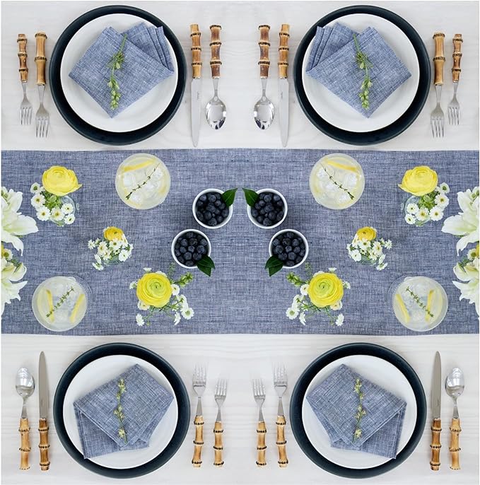Solino Home Linen Chambray Indigo Table Runner 120 Inches Long - Athena, 100% Pure Linen 14 x 120 Inch Table Runner for Christmas