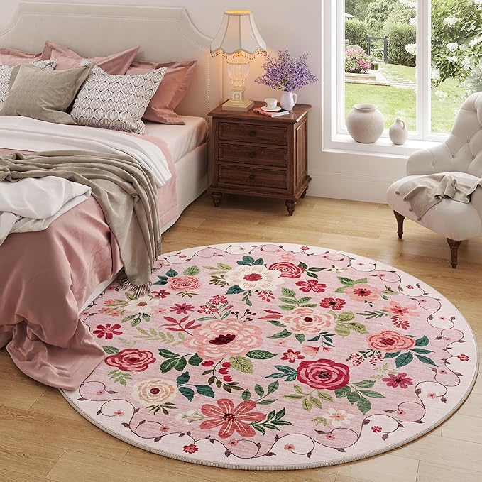 DUKINO Floral Round Rug, 4ft Washable Round Area Rug, Non Slip Indoor Low Pile Circle Rug, Soft Small Boho Design Circle Rug for Bedroom, Entryway, Living Room, Dining Room, Pink