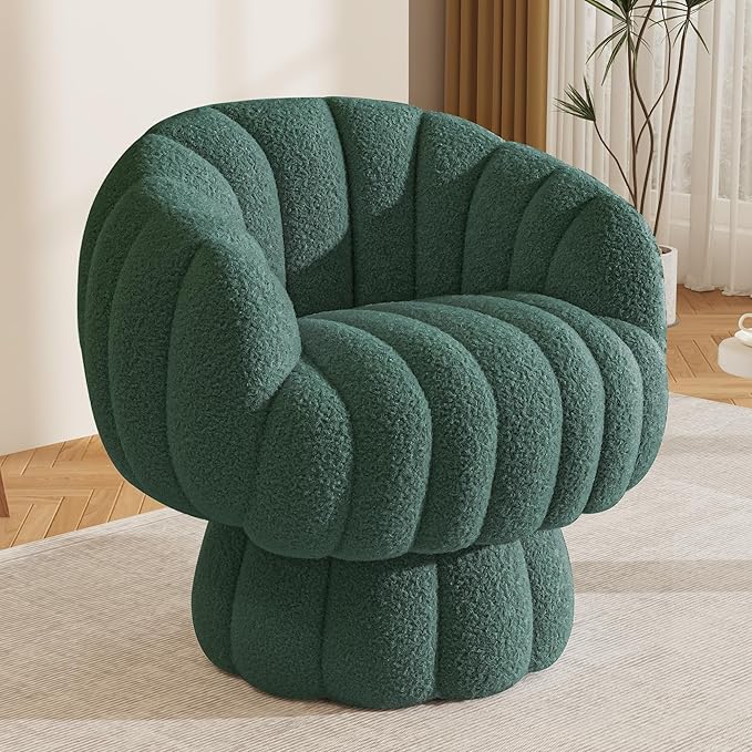 Mid Century Modern 360 Degree Barrel Swivel Accent Sofa Chair,Fluffy Sherpa Fabric Lounge Wide Upholstered Pumpkin Reading Chair, Round Cloud Armchair for Living Room,Bedroom,Vanity(Green)