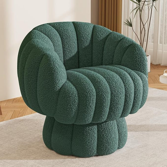 Mid Century Modern 360 Degree Barrel Swivel Accent Sofa Chair,Fluffy Sherpa Fabric Lounge Wide Upholstered Pumpkin Reading Chair, Round Cloud Armchair for Living Room,Bedroom,Vanity(Green)