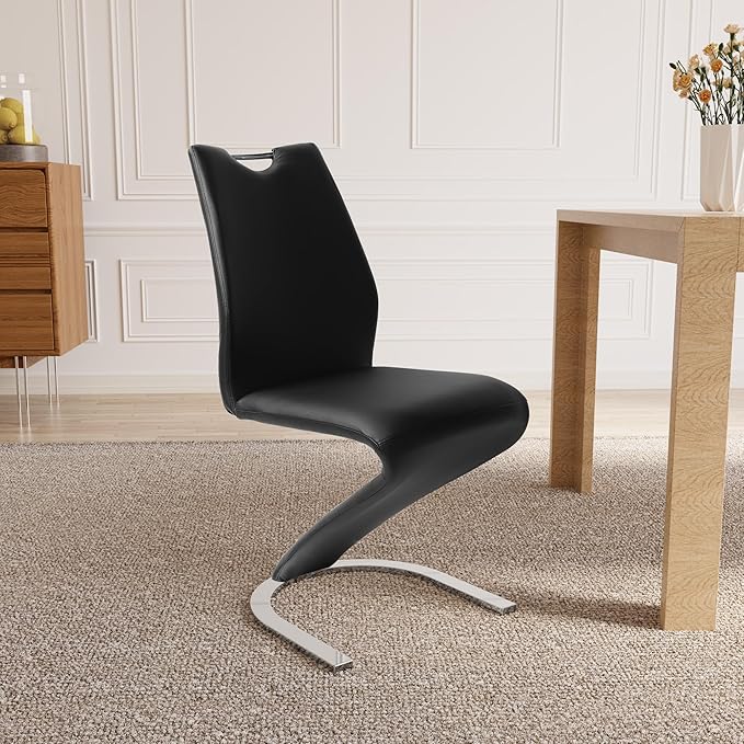 Mermaid Dining Chairs Set of 2, Modern Kitchen Dining Room Armless Upholstered Side Chairs in PU Leather Cushion Seat and Sturdy Metal Legs (2 Black)