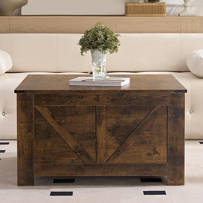 Farmhouse Coffee Table for Living Room, Wood Square Coffee Tables, 31.5" D x 31.5" W, Rustic Brown