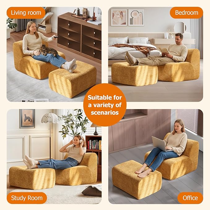 Lazy Sofa Chair, Modern Comfy Raindrop Velvet Fabric Deep Seat Armless Lounge Chair Movable Ottoman Set, 1-Seater Modular Sectional Sleeper Couch for Living Room, Bedroom, Office, Salon,Yellow