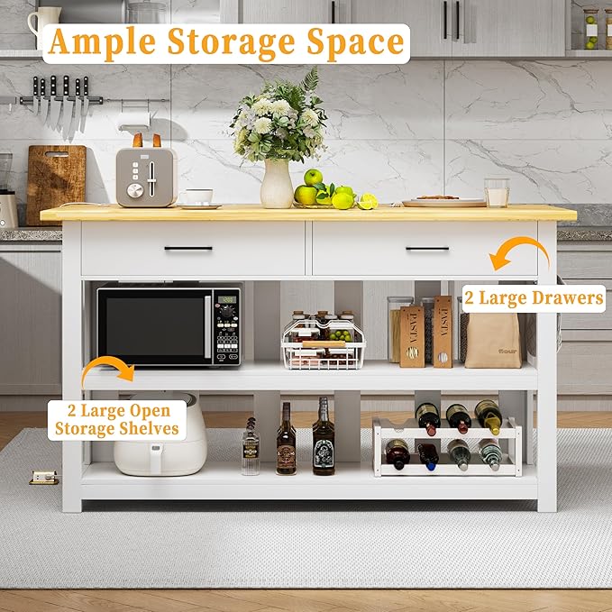 47.3" Solid Rubberwood Kitchen Island with Power Outlets - Extra Large Work Surface, 2 Drawers & Open Shelves Storage Cabinet for Kitchen Dining Room, Farmhouse Style (White)
