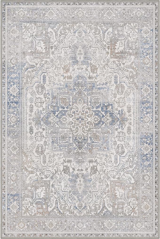 GENIMO 9x12 Area Rugs for Living Room, Machine Washable Non Slip Vintage Retro Rugs, Low Pile Lightweight Thin Print Rug for Bedroom, Dining Room, Home Office, Khaki Blue