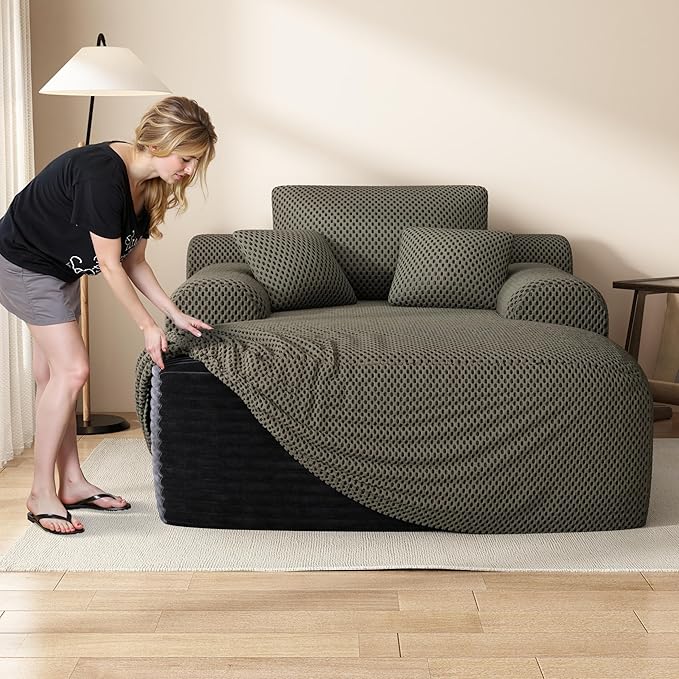 67" Oversized Chaise Lounge Chair with Cover, Comfy Sleeper Sofa Bed, Black Plush Corduory Couch for Living Room,Sofa in A Box,No Assembly Required (Breathable Dark Grey Cover).