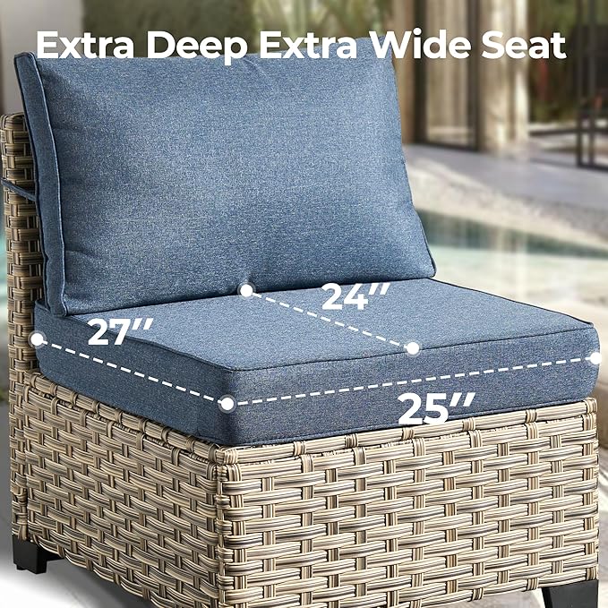 HOOOWOOO Outdoor Sectional Patio Furniture Set with Fire Pit Table,13 Pieces Wicker Conversation Sets L Shaped Couch,Extra Deep Out Door Sofa Outside Furniture with Swivel Chairs Ottoman,Denim Blue