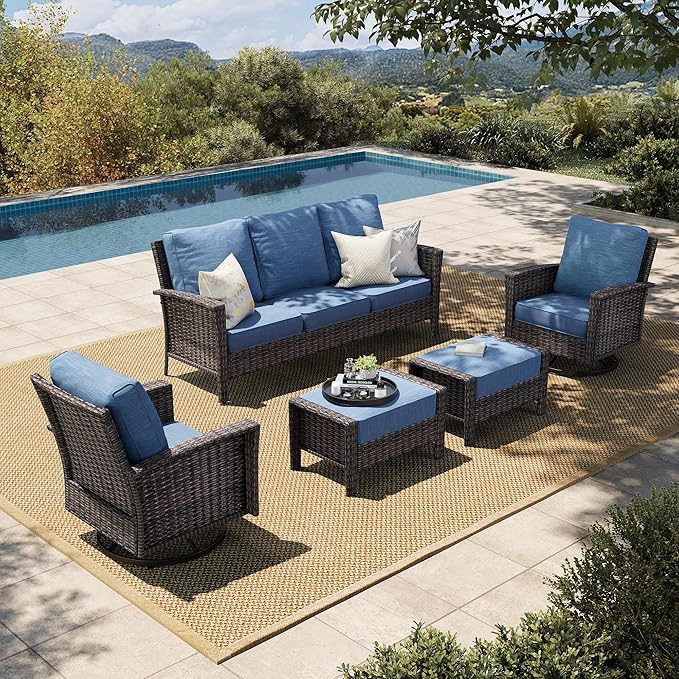HERA'S HOUSE High Back Patio Furniture Set with 5.5" Thick Cushions, 5 Pieces Wicker Outdoor Conversation Sofa Sets with Swivel Chairs, Comfy Waterproof Deck Lawn Backyard Furniture, Navy Blue