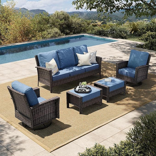 HERA'S HOUSE High Back Patio Furniture Set with 5.5" Thick Cushions, 5 Pieces Wicker Outdoor Conversation Sofa Sets with Swivel Chairs, Comfy Waterproof Deck Lawn Backyard Furniture, Navy Blue