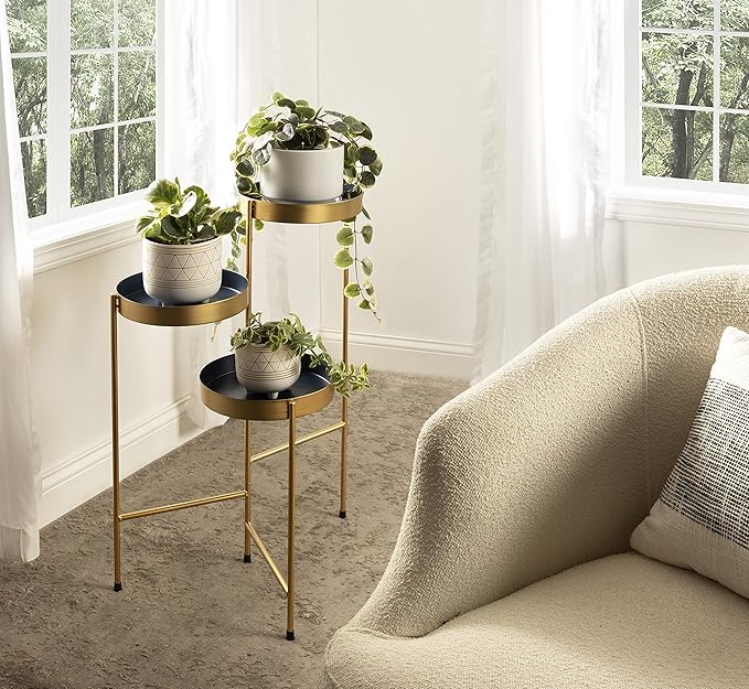Kate and Laurel Finn Tri-Level Plant Stand; 16 x 21 x 30; Navy and Gold; Decorative Metal Plant Stands for Indoor Plants