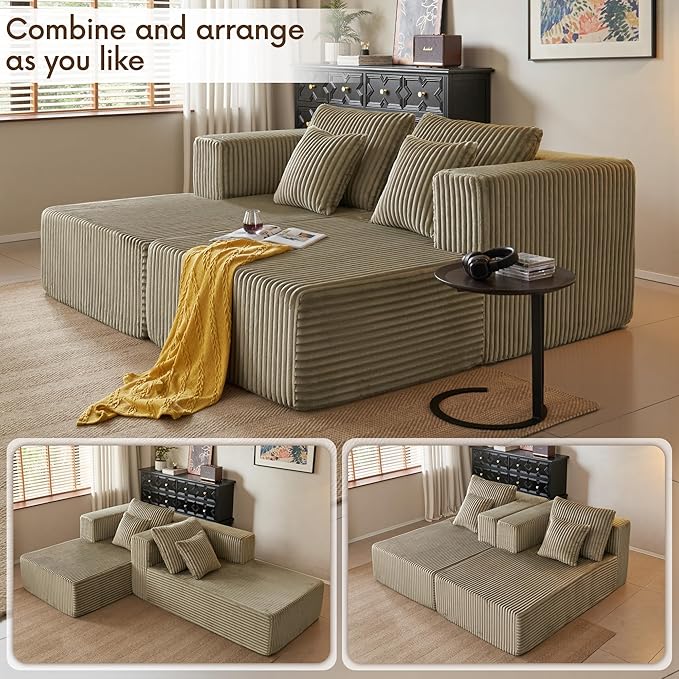 82" Oversized Chaise Lounge Chair, Corduroy Upholstered Sleeper Sofa with 4 Throw Pillows and Wide Armrest for Living Room, No Assembly Required Loveseat Couch, Foggy sage Green