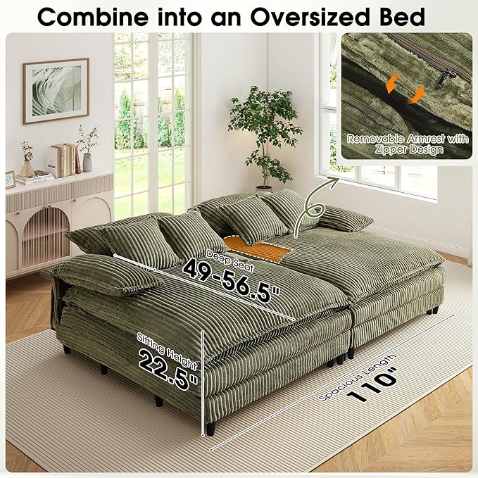 110" W Oversized Double Chaise Lounge Sofa Couch, Corduroy Sleeper Sofa Bed with Adjustable Backrest, Modern Upholstered Cloud Couch with Deep Seat & Pillows for Living Room, Green
