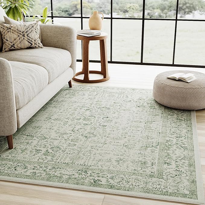 Sage Green Area Rug 3x4 Washable Office Entryway Carpet Vintage Distressed Non Slip Kitchen Indoor Entry Neutral Low Pile Retro Floral Farmhouse Throw Mat for Laundry Dining Room Bedroom