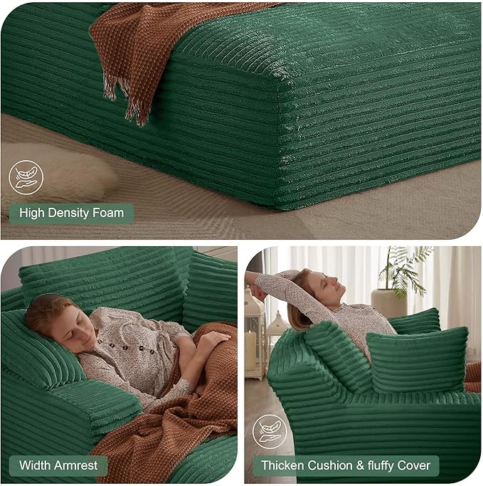 GNIXUU 78.8" Oversized Double Chaise Lounges Indoor, 2 Pieces Comfy Corduroy Chaise Lounge Chair Cloud Boneless Couch, Fluffy Upholstered Sleeper Loveseat Bed for Living Room Bedroom Reading(Green)
