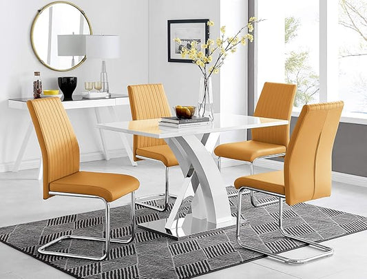 Atlanta White High Gloss and Chrome Metal Rectangle Dining Table and 4 Mustard Lorenzo Dining Chairs Set