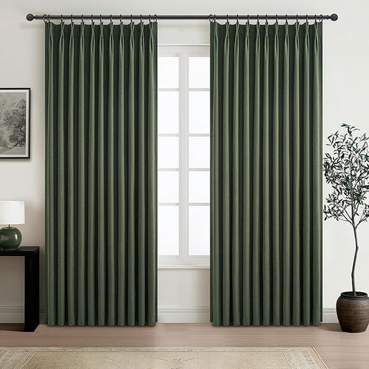 Pinch Pleated Blackout Curtains 70 Inches Extra Wide for Living Room, Sliding Glass Door Linen Blend Olive Green Viral Large Window Thick Heavy Duty Thermal Soundproof Drapes(70"Wx96"Lx2Panels Loden)