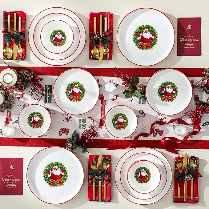 MALACASA Plates and Bowls Sets, 12 Pieces Christmas Porcelain Dinnerware Set for 4, Ceramic Dishware Dishes Kitchen Dinner Dining Ware Set, Microwave and Dishwasher Safe, Series LUNA-Santa Claus