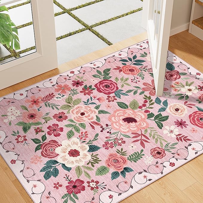 DUKINO 2x3 Rugs for Entryway, Floral Indoor Washable Door Mat, Non Slip Boho Small Rug for Kitchen, Soft Low Pile, Front Door Throw Rug for Entrance, Bedroom, Kitchen, Laundry, Bathroom, Pink