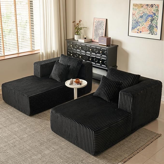 82" Oversized Chaise Lounge Chair, Corduroy Upholstered Sleeper Sofa with 4 Throw Pillows and Wide Armrest for Living Room, No Assembly Required Loveseat Couch, Black