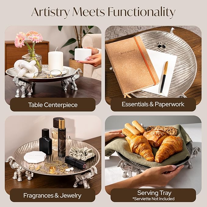 Round Decorative Tray with Elephant Stands, Silvery – Tray for Coffee Table, Home Decor, Centerpiece, Serving Platter & More – Circular Tray with Symbolic Elephants