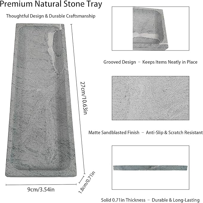 Green Marble Tray for Bathroom Countertop - Rectangular Natural Stone Organizer with Sandblasted Finish, Catchall Vanity Tray for Dresser, Entryway, Makeup & Jewelry | 10.6"x3.5"