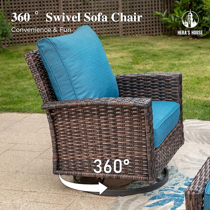 HERA'S HOUSE Outdoor Swivel Chairs Set of 2 with 5.5" Thick Cushions, High Back Patio Furniture, Oversized Wicker Rattan Chairs for Deck Balcony Backyard, Blue