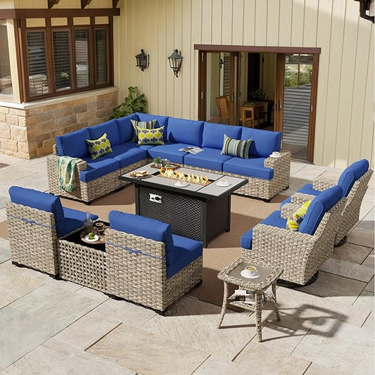 HOOOWOOO Outdoor Sectional Patio Furniture Set with Fire Pit Table,13 Pieces Wicker Conversation Sets L Shaped Couch,Extra Deep Out Door Sofa Outside Furniture with Swivel Chairs,Navy Blue