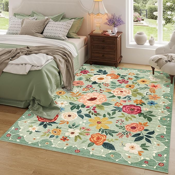 DUKINO 3x5 Area Rug, Floral Rugs for Living Room, Lightweight Non Slip Washable Rug, Indoor Low Pile & Non-Shedding Boho Design Rugs for Bedroom, Living Room, Dining Room, Green