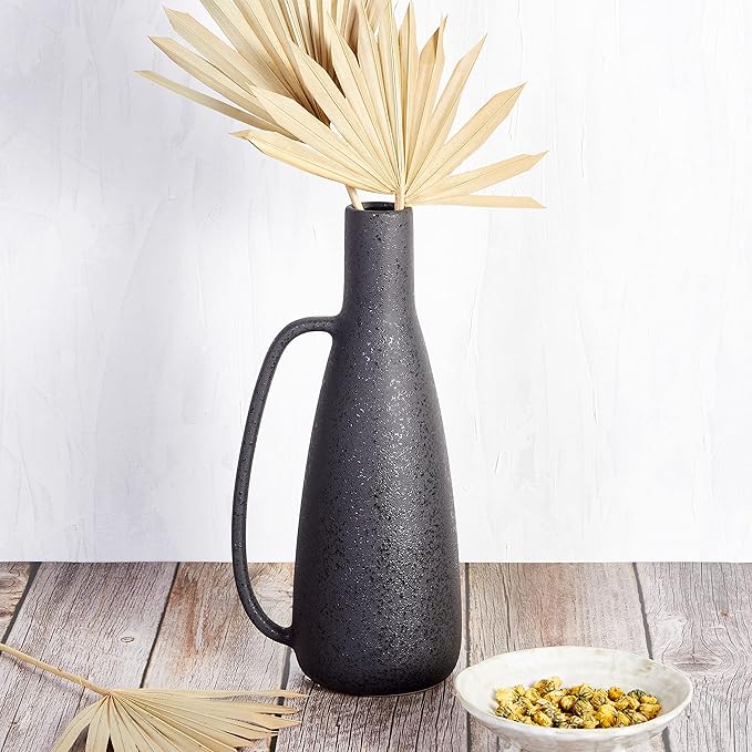 BlossoME Black Vases Home Decor, 13 Inch Tall with Handle, Matte Rustic Pottery Table Vessel, Large Jug Centerpiece, Living Room Modern Decor