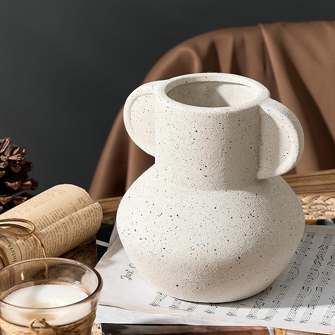 Antique Ceramic Vase with 2 Handles, 6.1 Inch Farmhouse Rustic Vase, Small Decorative Pottery Flower Vases for Home Decor, Wedding, Living Room, Table, Shelf Decor, Speckled White